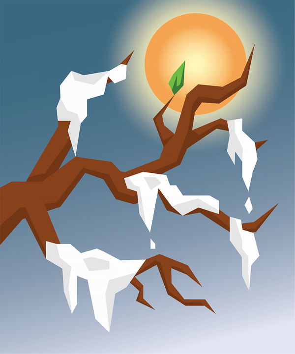 illustration of a tree with melting snow and one green leaf with a sun in the background 