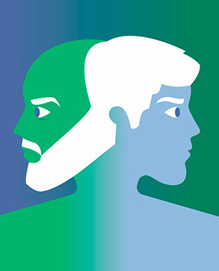 Illustration of a young man and old man overlapping with blue and green