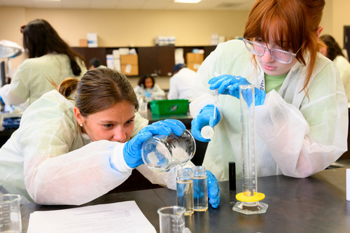 Two camp students pour liquid into beakers to measure