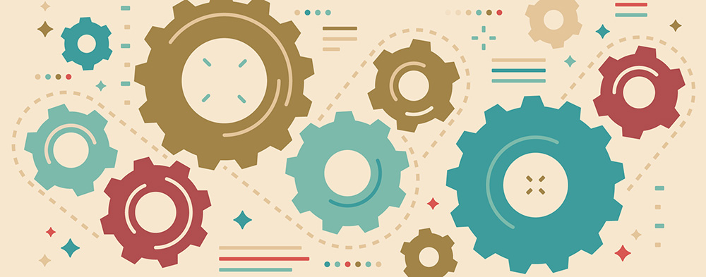 An illustration of colorful, interlocking gears 